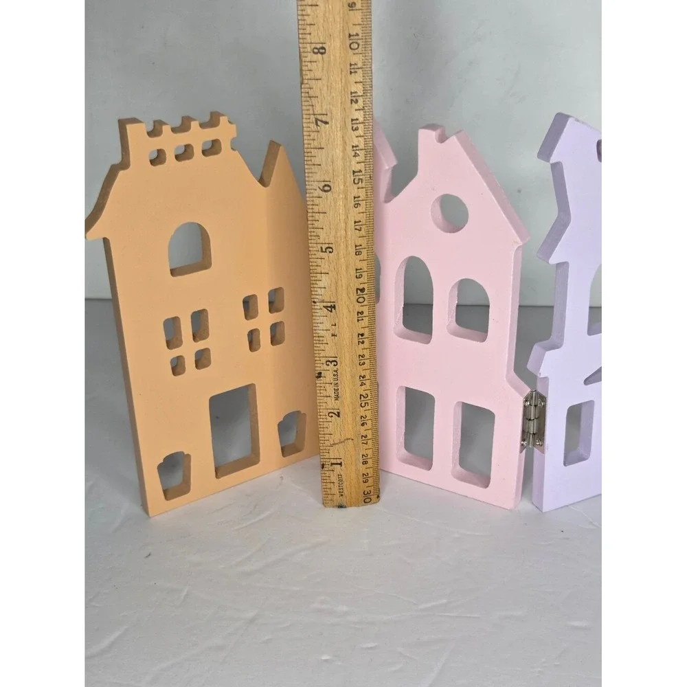 Pastel‎ Wooden Haunted Halloween House Bats Trio Tabletop Mantel Hinged Décor